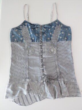 Vintage Italian Positano Jean Paul Embroidered Corset Cami, Mixed Media Denim, S